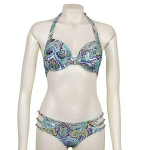 Aerie Bikini Set 2 Piece  Halter Blue Paisley Cut Outs Underwire Swim Beach 34D